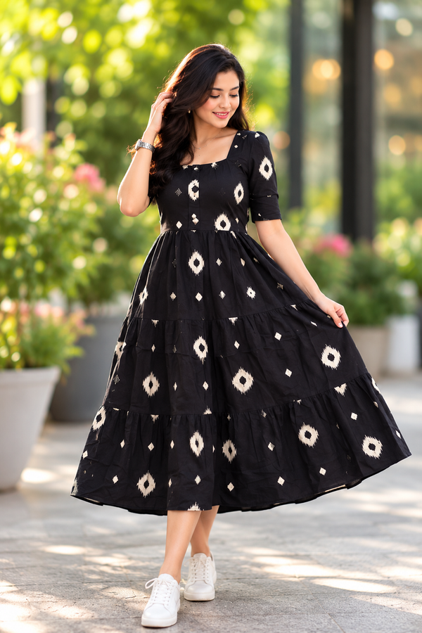 Black Floral Rayon Dress with Square Neck & Half Sleeves
