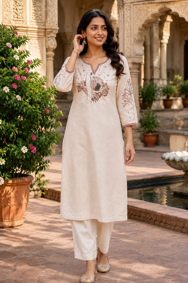 Beige Floral Embroidered Cotton Kurta & Pant Set for Women