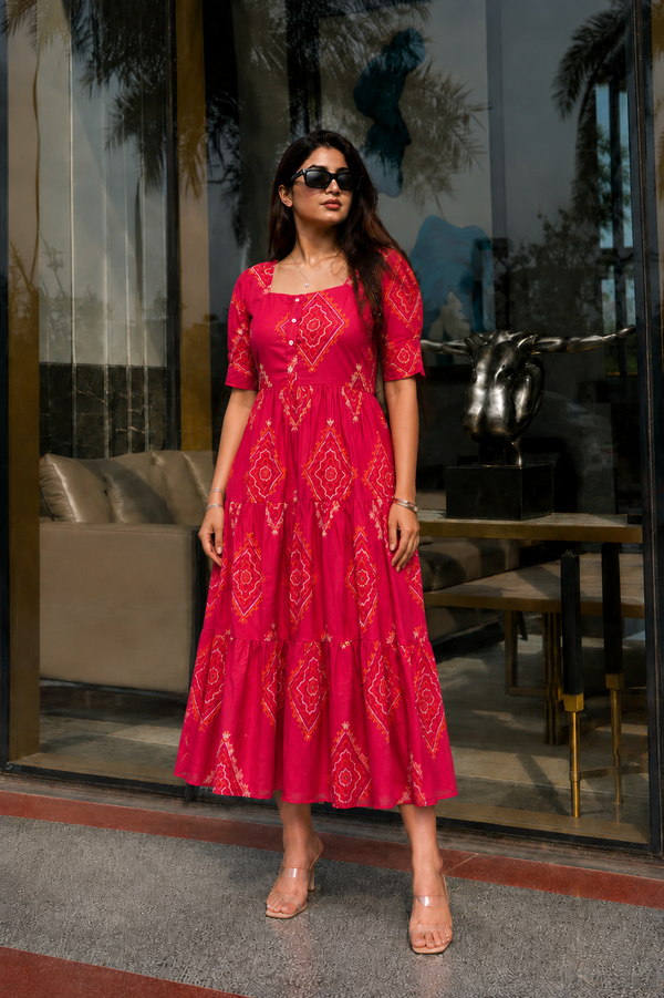 Pink Bandhani Print Rayon Midi Dress for Women