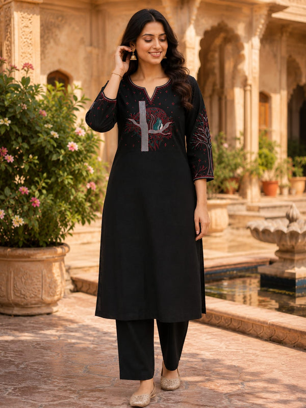 Black Floral Embroidered Cotton Kurta & Pant Set for Women