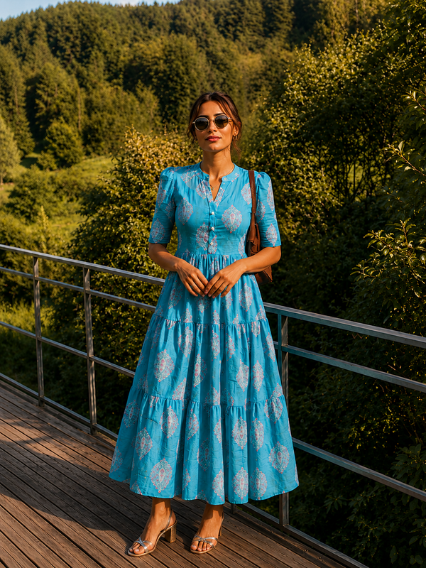 Blue Printed Cotton Midi Dress for Women