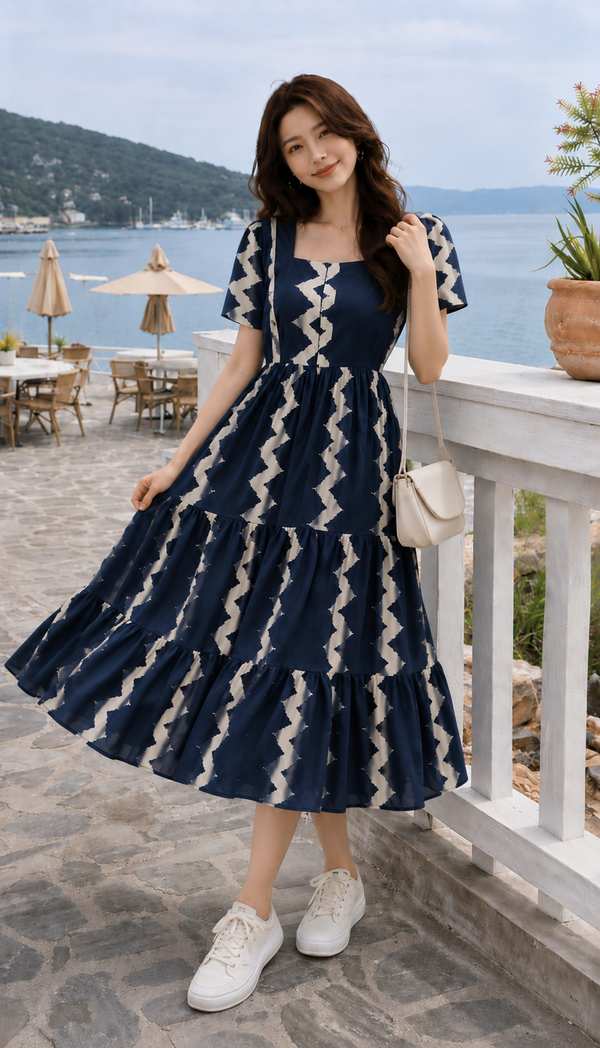 Dark Blue Printed Rayon Fit & Flare Dress