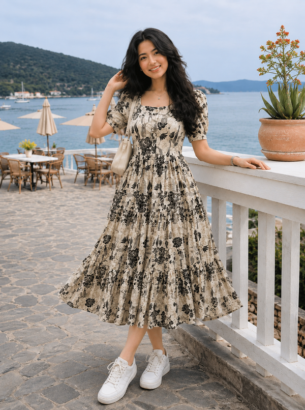 White Floral Printed Rayon Dress