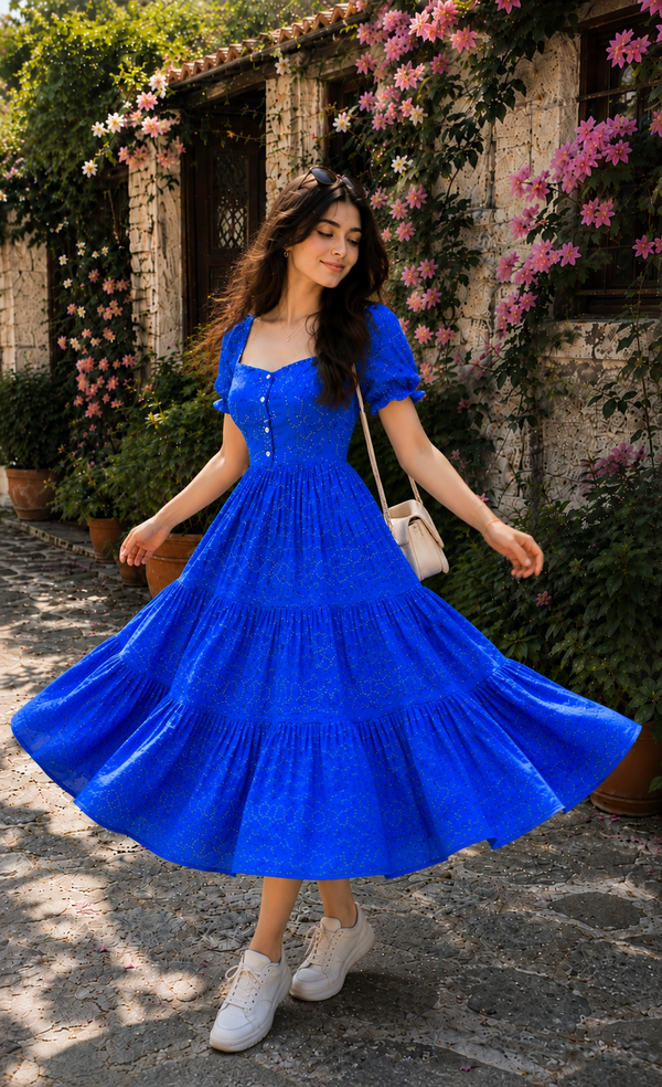 Blue Bandhani Print Cotton Maxi Dress for Women