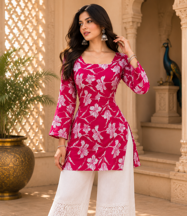 Pink Floral Printed Rayon Kurti for Women