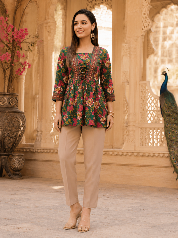 Green Floral Printed Rayon Top for Women