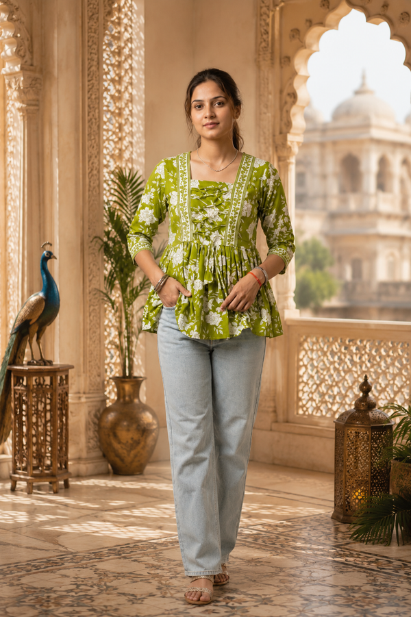 Green Floral Printed Cotton Top for Women