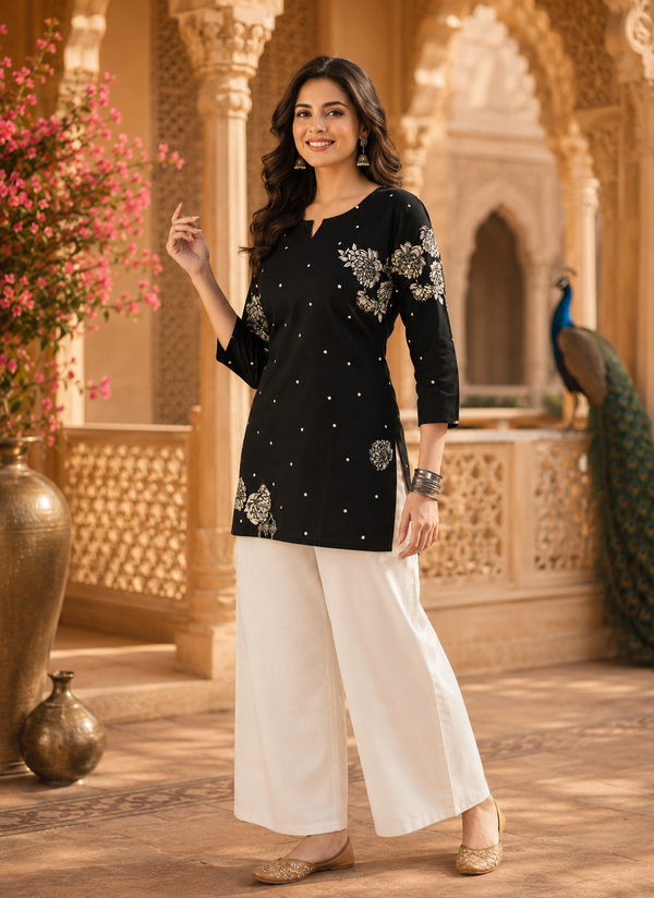 Black Floral Printed Cotton Kurta for Women