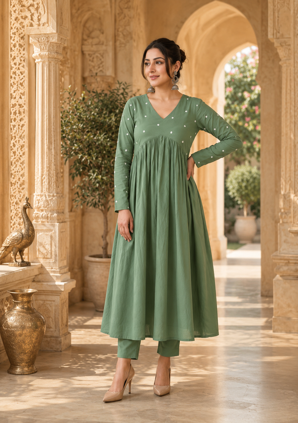 Green A-Line Rayon Kurti for Women