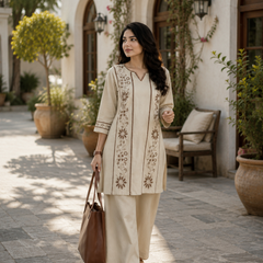 Women's Beige Cotton Embroidered Co-Ord Set with Straight Pants