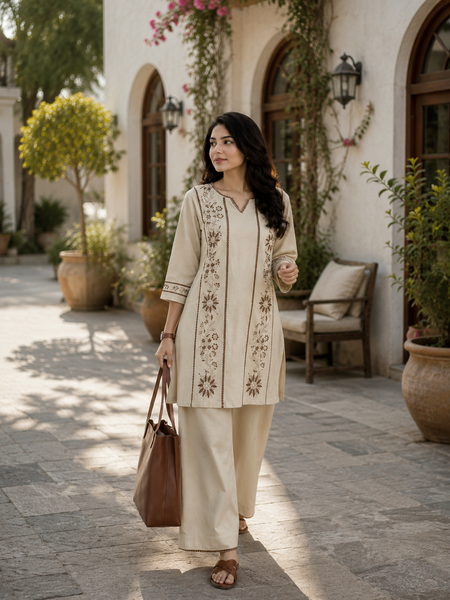 Women's Beige Cotton Embroidered Co-Ord Set with Straight Pants