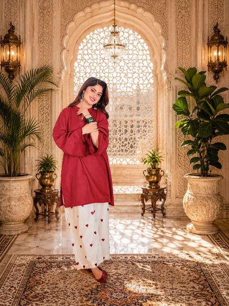 Red Azreen Women Cotton Blend Kurti Palazzo Set