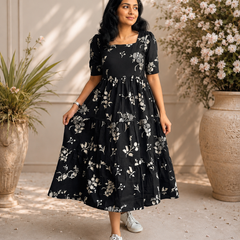 Black Floral Printed Viscose Rayon Midi Dress for Women