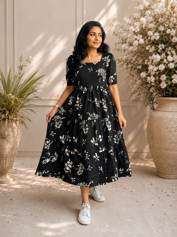 Black Floral Printed Viscose Rayon Midi Dress for Women