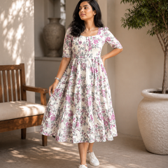 Elegant White Floral Rayon Dress for Women