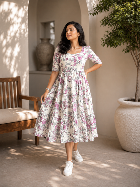 Elegant White Floral Rayon Dress for Women