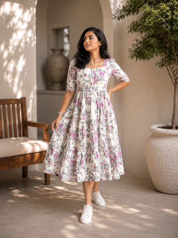 Elegant White Floral Rayon Dress for Women