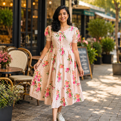 White Floral Rayon Dress with Square Neck & Half Sleeves