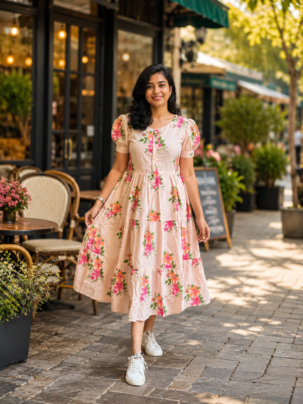 White Floral Rayon Dress with Square Neck & Half Sleeves