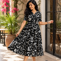 Elegant Black Abstract Printed Rayon Dress
