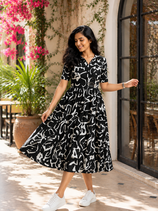 Elegant Black Abstract Printed Rayon Dress