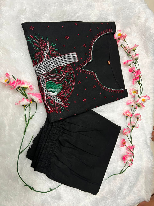Black Floral Embroidered Cotton Kurta & Pant Set for Women