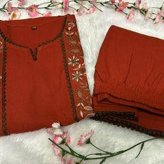 Women’s Rust Red Cotton Floral Embroidered Co-Ord Set with Pants