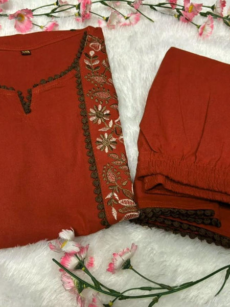 Women’s Rust Red Cotton Floral Embroidered Co-Ord Set with Pants