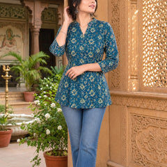 Dark Blue Floral Printed Rayon A-Line Kurti