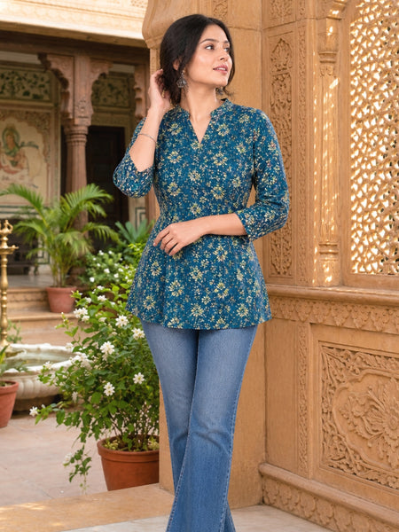 Dark Blue Floral Printed Rayon A-Line Kurti