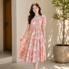 Pink Floral Rayon Dress with Square Neck & Half Sleeves