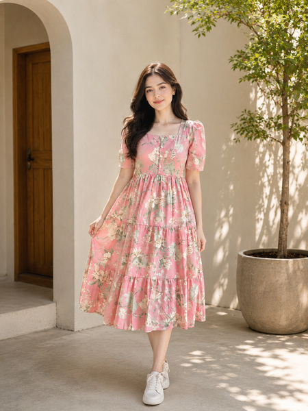 Pink Floral Rayon Dress with Square Neck & Half Sleeves