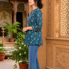 Dark Blue Floral Printed Rayon A-Line Kurti