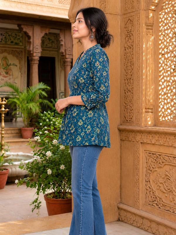 Dark Blue Floral Printed Rayon A-Line Kurti