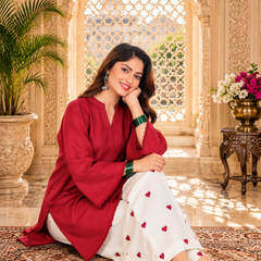 Red Azreen Women Cotton Blend Kurti Palazzo Set