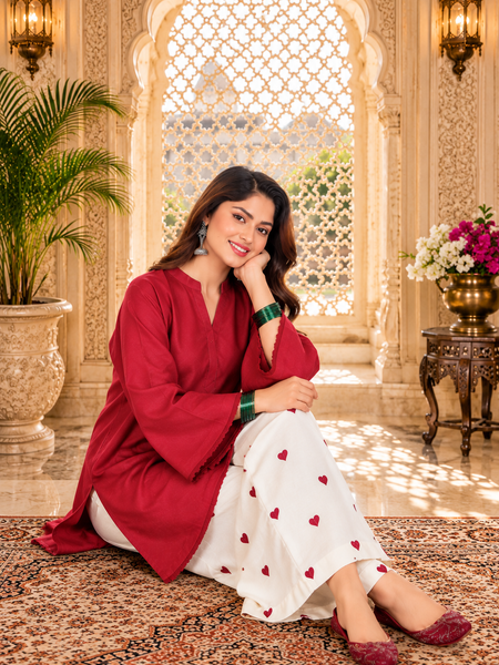 Red Azreen Women Cotton Blend Kurti Palazzo Set