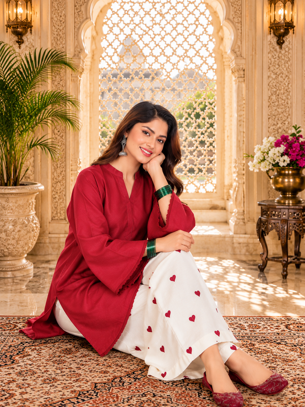 Red Azreen Women Cotton Blend Kurti Palazzo Set