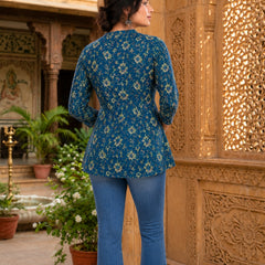 Dark Blue Floral Printed Rayon A-Line Kurti