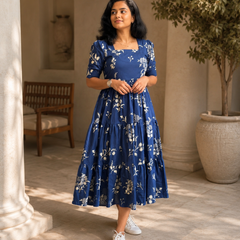 Black Floral Printed Viscose Rayon Midi Dress for Women