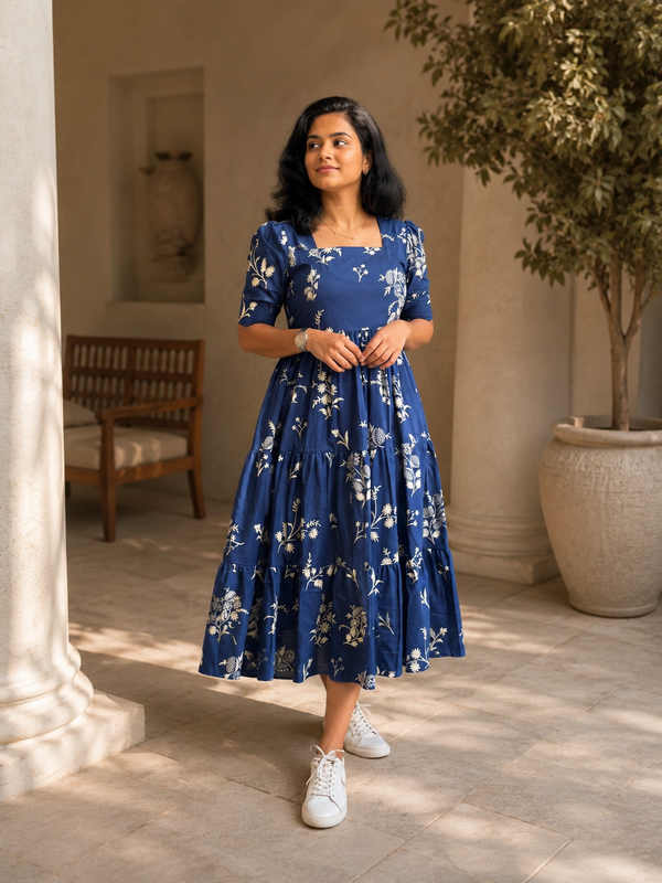 Black Floral Printed Viscose Rayon Midi Dress for Women