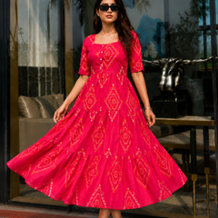 Pink Bandhani Print Rayon Midi Dress for Women