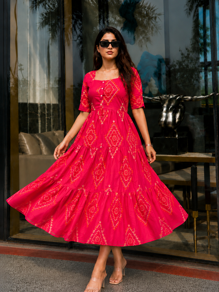 Pink Bandhani Print Rayon Midi Dress for Women