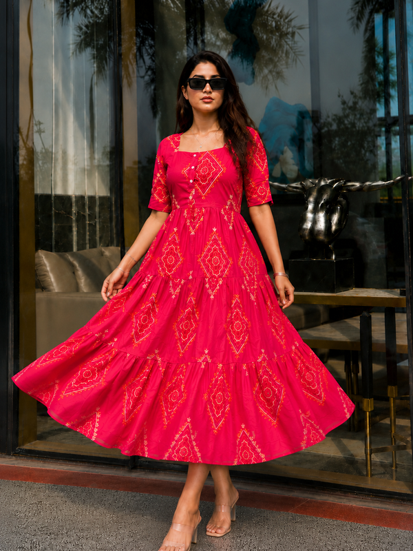 Pink Bandhani Print Rayon Midi Dress for Women