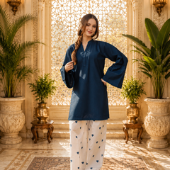 Blue Azreen Women Cotton Blend Kurti Palazzo Set