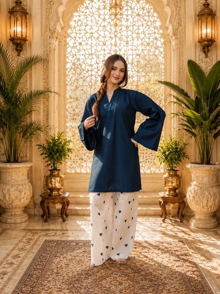 Blue Azreen Women Cotton Blend Kurti Palazzo Set