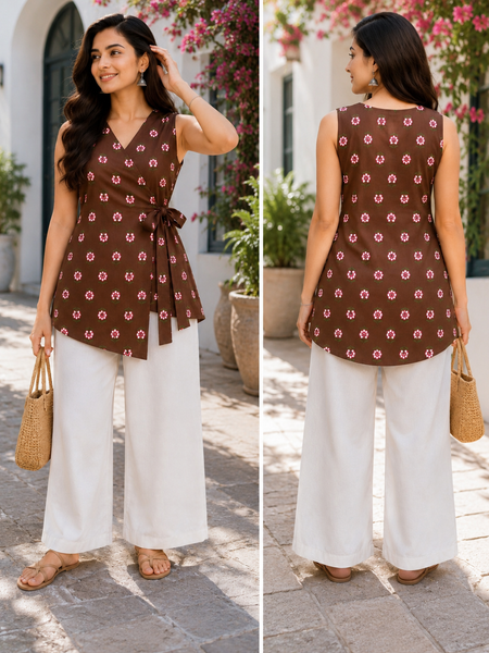 Women’s Brown Rayon Floral Print Sleeveless Short Kurti