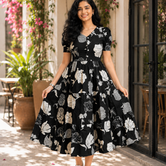 Elegant Black Floral Rayon Dress for Women