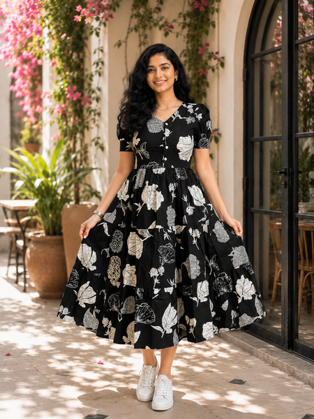 Elegant Black Floral Rayon Dress for Women