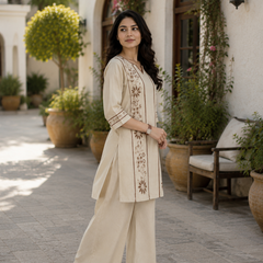 Women's Beige Cotton Embroidered Co-Ord Set with Straight Pants