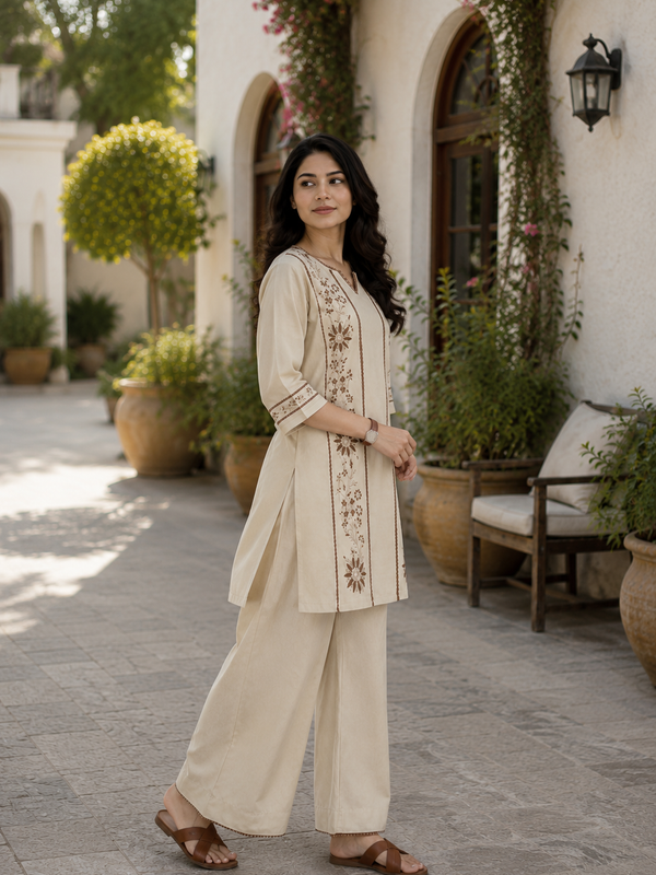 Women's Beige Cotton Embroidered Co-Ord Set with Straight Pants
